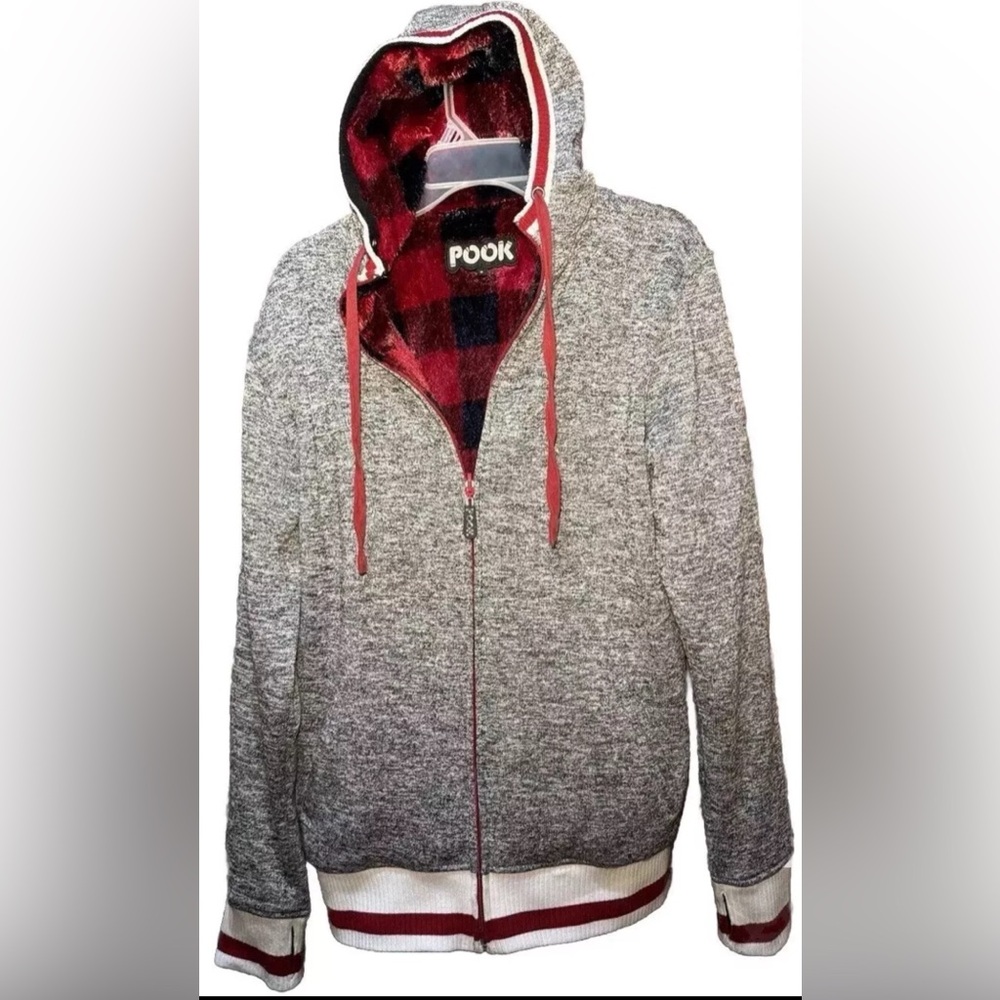 Pook Canada Faux-Fur Reversible Hoodie Buffalo Plaid Red Black Gray Zip Up Med